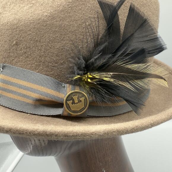 Goorin Bros Wool Fedora Hat Medium Brown Gray Band Feather Accent New with Box - Picture 6 of 10
